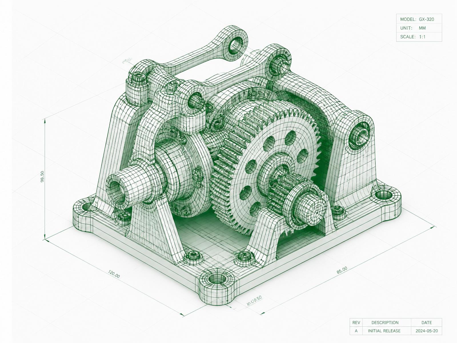Isometric CAD wireframe of a mechanical gear assembly with dimensions